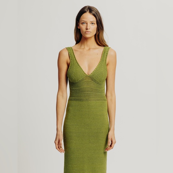 NWT Torn by Ronnie Kobo Madi Metallic Green Crochet Knit Maxi Dress Size Large - Picture 2 of 11